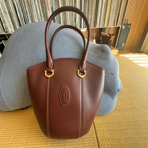 【誠可議】 【正品 Vintage】Cartier 卡地亞 經典酒紅美洲豹雙C壓印金邊手提包/水餃包/扇形包