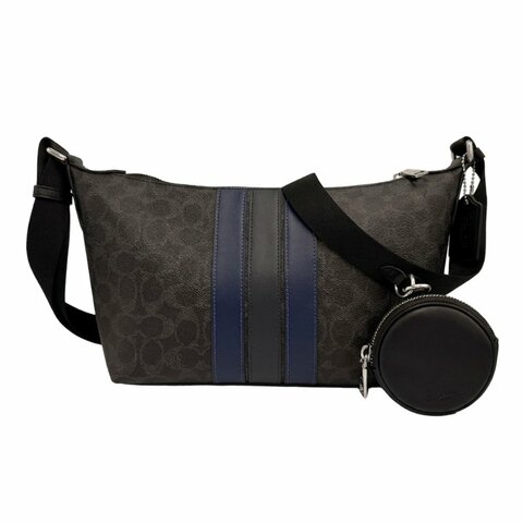 [全新] COACH C LOGO男中性款船型附零錢包子母斜背包(直紋黑)