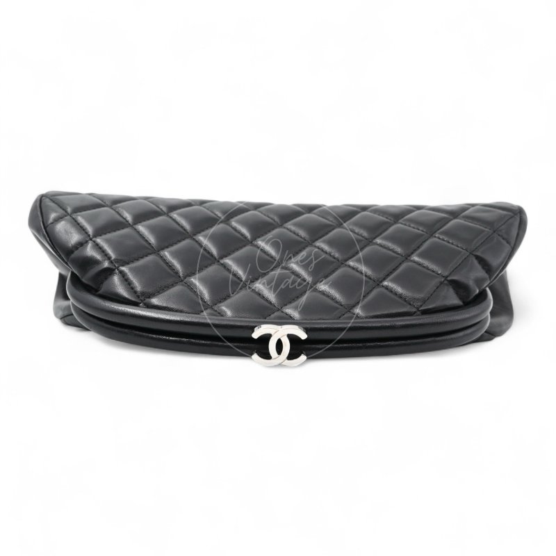中古 Chanel 香奈兒 菱格紋 經典 黑色小羊皮 鎖扣手拿包 Kisslock Clutch-2