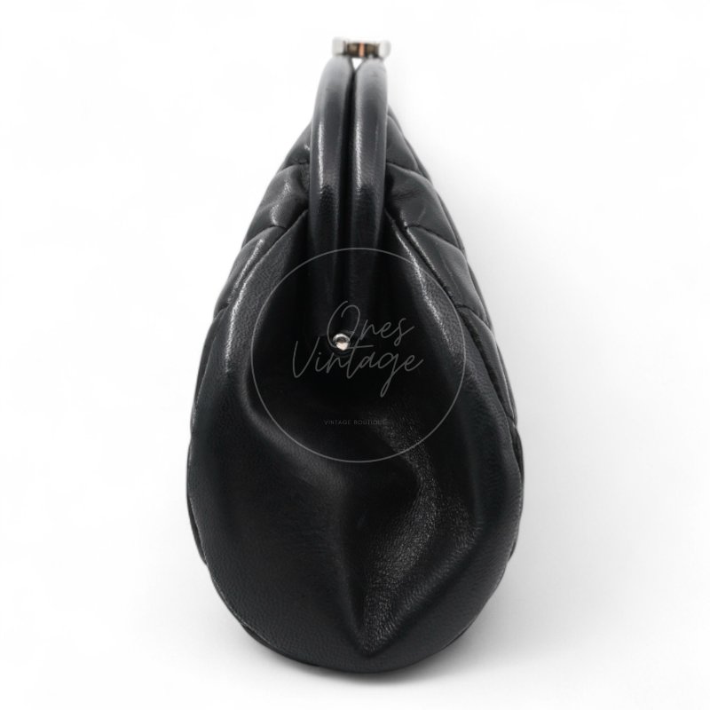 中古 Chanel 香奈兒 菱格紋 經典 黑色小羊皮 鎖扣手拿包 Kisslock Clutch-5