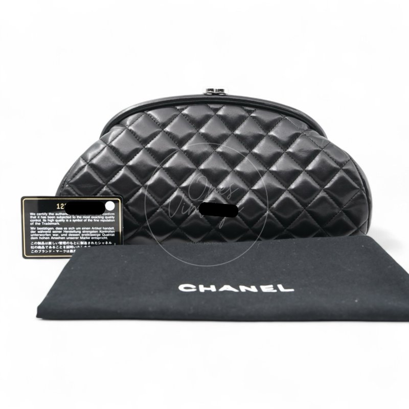 中古 Chanel 香奈兒 菱格紋 經典 黑色小羊皮 鎖扣手拿包 Kisslock Clutch-6