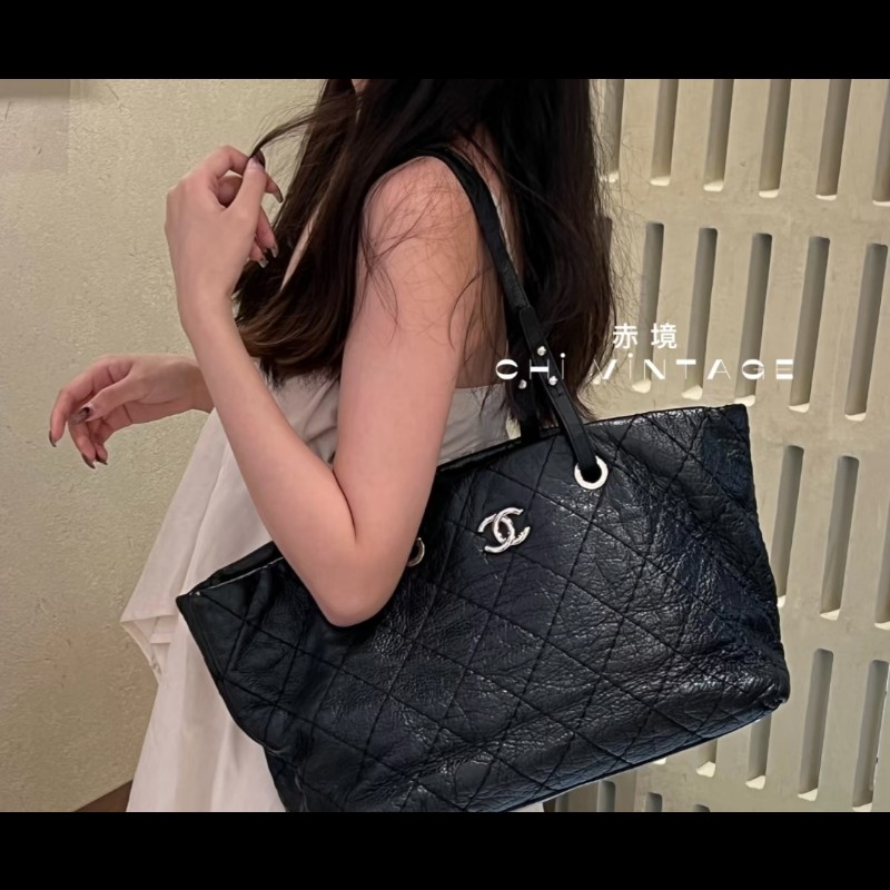 Chanel 香奈兒 黑色 銀釦 雙C logo 肩背包 托特包 購物包 牛皮-1