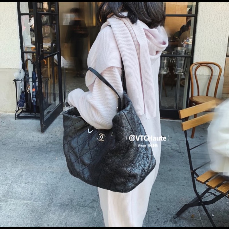 Chanel 香奈兒 黑色 銀釦 雙C logo 肩背包 托特包 購物包 牛皮-2