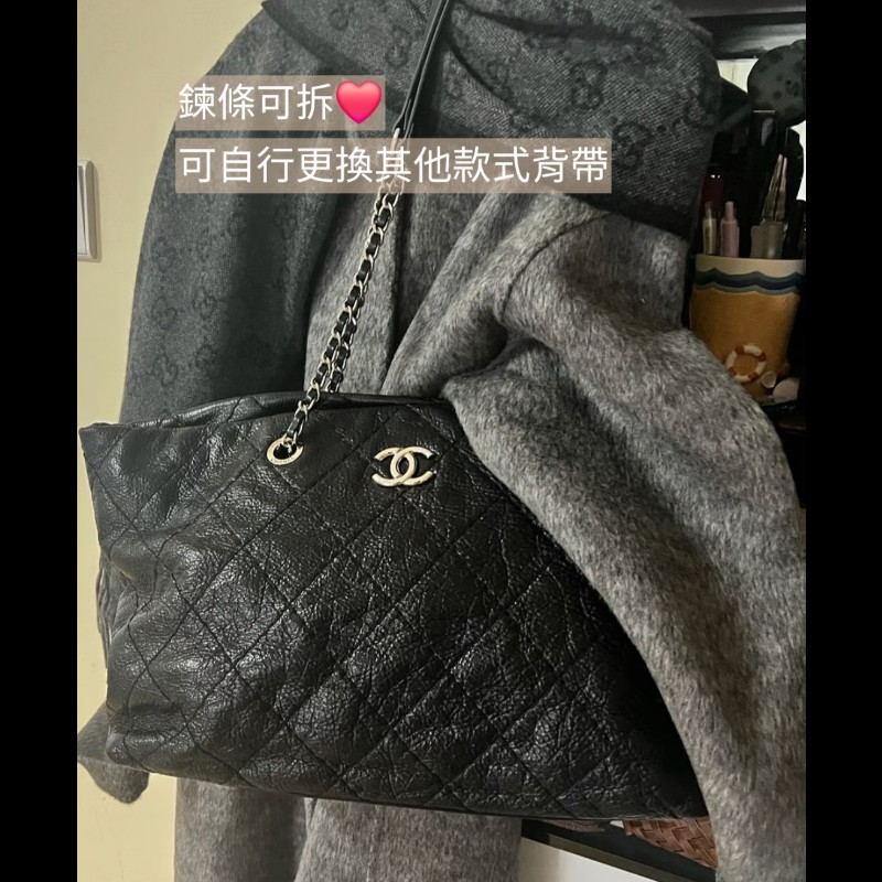 Chanel 香奈兒 黑色 銀釦 雙C logo 肩背包 托特包 購物包 牛皮-3