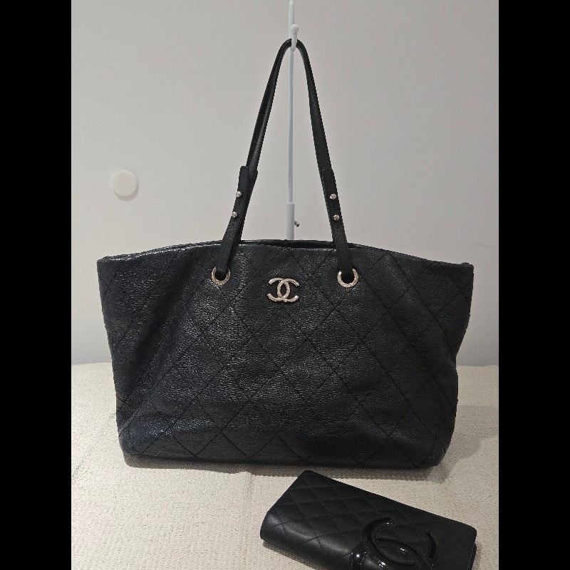 Chanel 香奈兒 黑色 銀釦 雙C logo 肩背包 托特包 購物包 牛皮-4