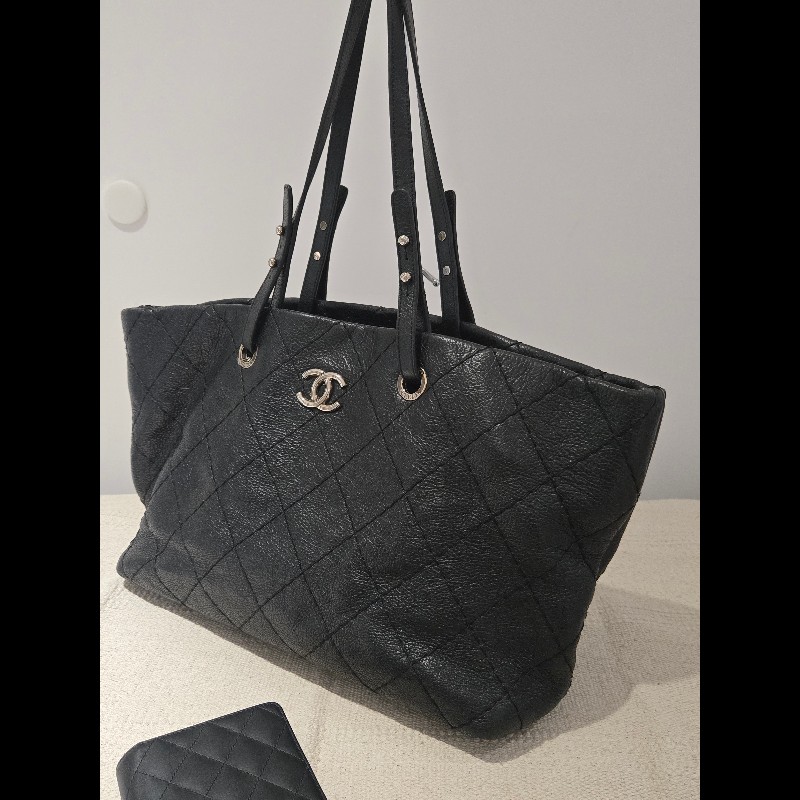 Chanel 香奈兒 黑色 銀釦 雙C logo 肩背包 托特包 購物包 牛皮-5