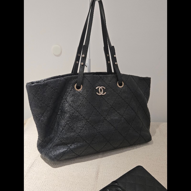 Chanel 香奈兒 黑色 銀釦 雙C logo 肩背包 托特包 購物包 牛皮-6