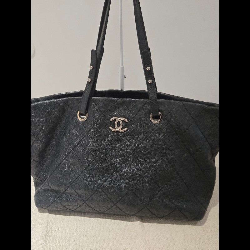 Chanel 香奈兒 黑色 銀釦 雙C logo 肩背包 托特包 購物包 牛皮-7
