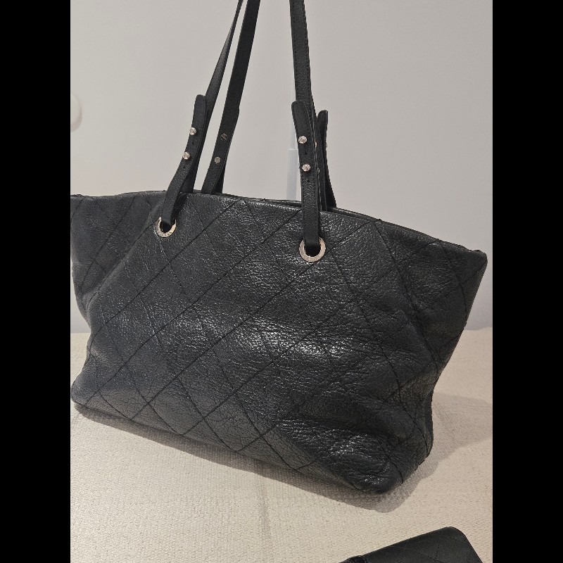 Chanel 香奈兒 黑色 銀釦 雙C logo 肩背包 托特包 購物包 牛皮-9