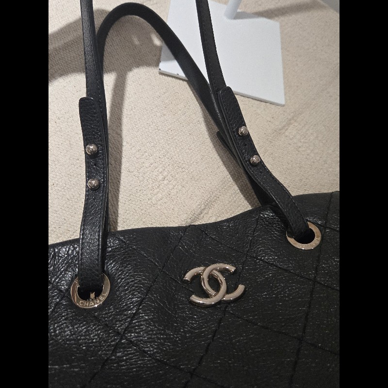 Chanel 香奈兒 黑色 銀釦 雙C logo 肩背包 托特包 購物包 牛皮-14