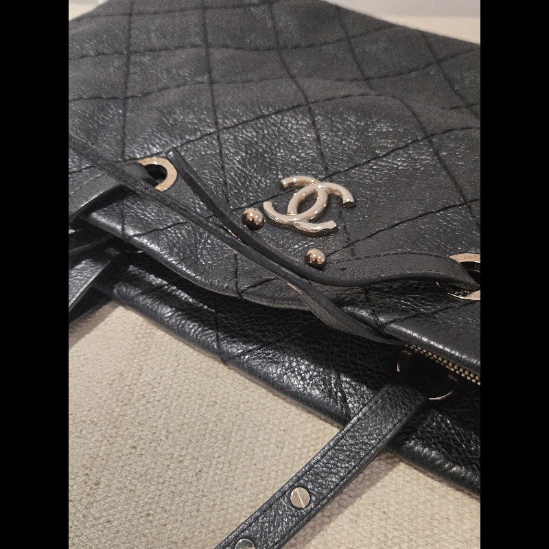 Chanel 香奈兒 黑色 銀釦 雙C logo 肩背包 托特包 購物包 牛皮-35