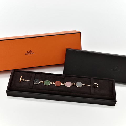 Hermès 愛馬仕 Ex-Libris 翡翠 玉石 瑪瑙 圓硬幣 18K 玫瑰金 手鍊