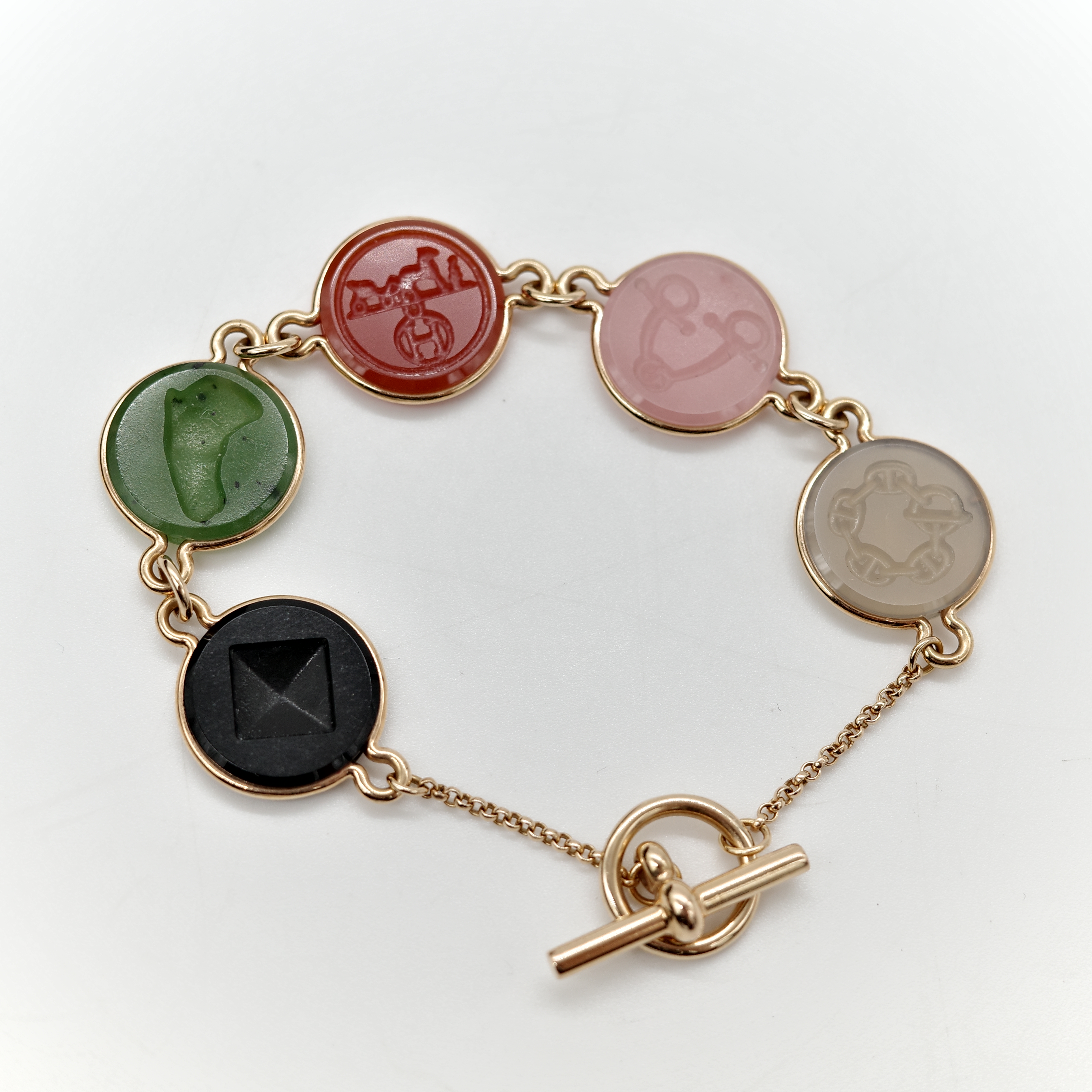 Hermès 愛馬仕 Ex-Libris 翡翠 玉石 瑪瑙 圓硬幣 18K 玫瑰金 手鍊-2