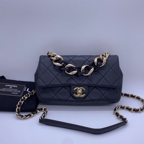 Chanel 香奈兒經典菱格紋 黑金配色 五金亮鏈條包