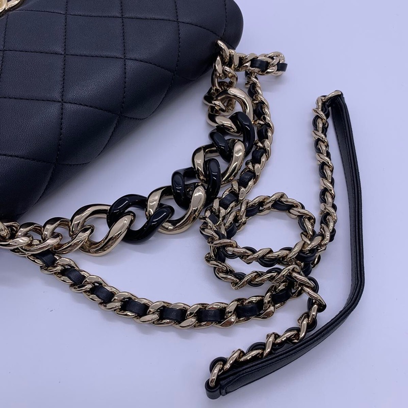 Chanel 香奈兒經典菱格紋 黑金配色 五金亮鏈條包-9