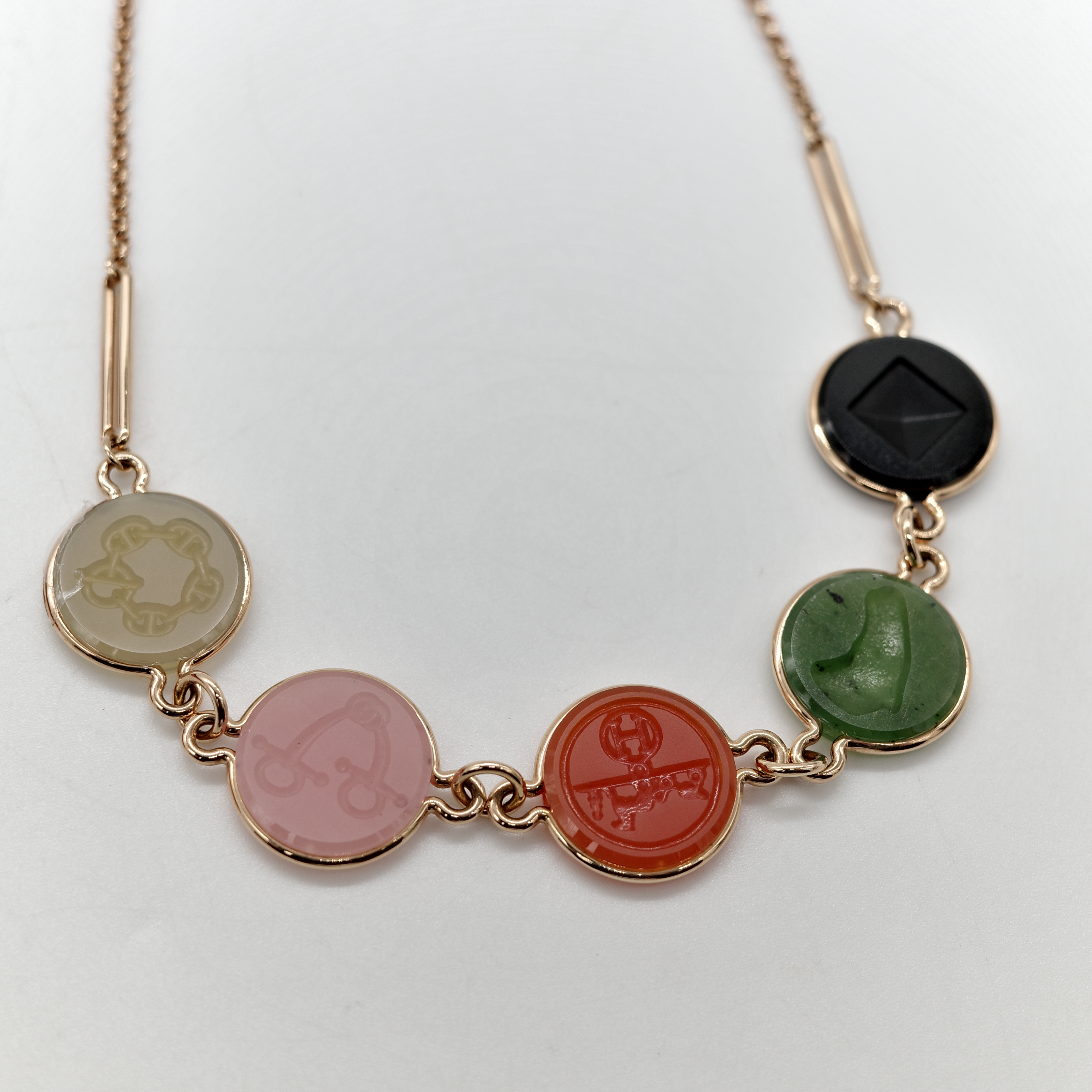 Hermès 愛馬仕 Ex-Libris 翡翠 玉石 瑪瑙 圓硬幣 18K 玫瑰金 項鍊-2