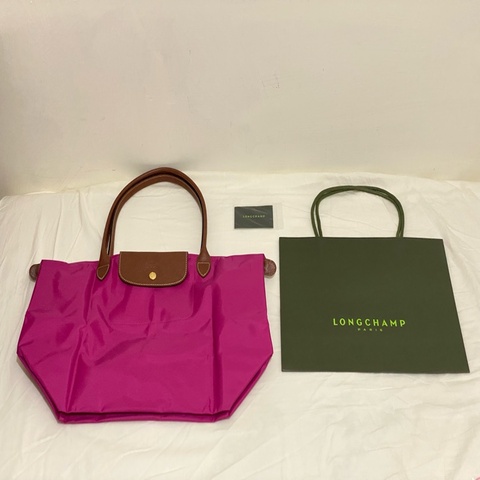 LONGCHAMP 金扣 桃紅色 長把 尼龍 折疊 拉鍊  托特包 全新 現貨