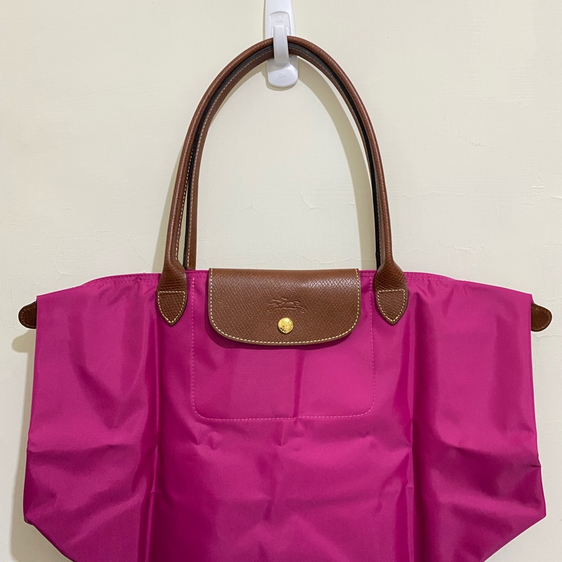 LONGCHAMP 金扣 桃紅色 長把 尼龍 折疊 拉鍊 托特包 全新 現貨-1