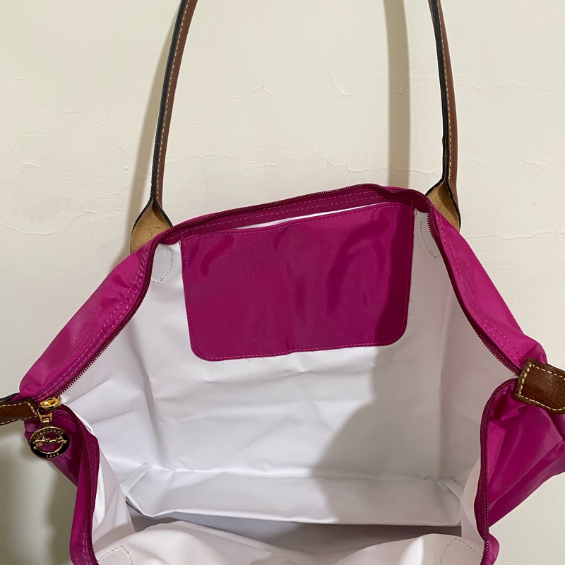 LONGCHAMP 金扣 桃紅色 長把 尼龍 折疊 拉鍊 托特包 全新 現貨-3
