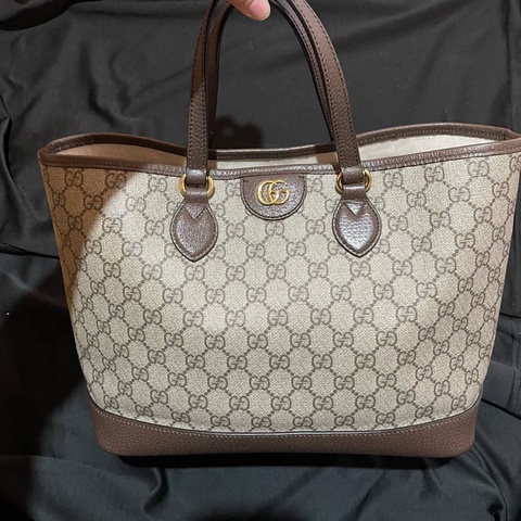 Gucci 金釦經典老花棕托特包 肩背包 手提包