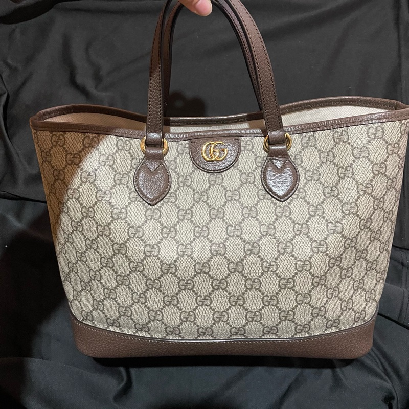 Gucci 金釦經典老花棕托特包 肩背包 手提包-0