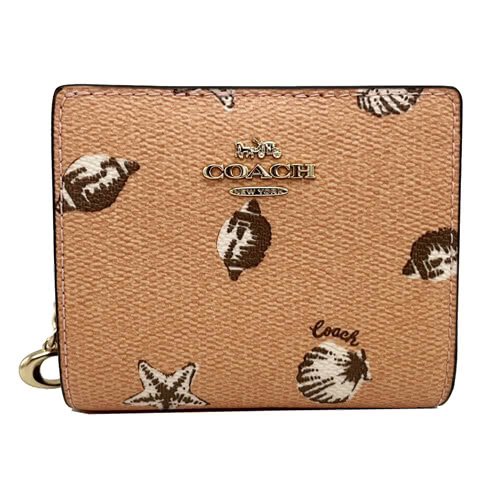 【全新】COACH 貝殼印花字母C拉鍊零錢袋鈔票短夾(粉)-0