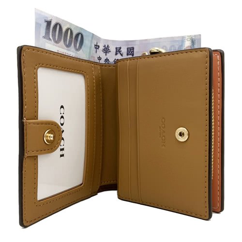 【全新】COACH 貝殼印花字母C拉鍊零錢袋鈔票短夾(粉)-3