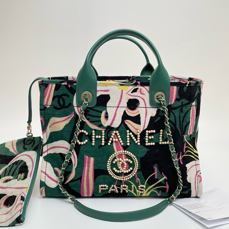 99新💚Chanel香奈兒23A手工坊芯片款沙灘包彩繪印花花卉絲絨logo串珠字母雙cc沙灘包子母包手提包斜挎包單肩包🧡正品保障-1