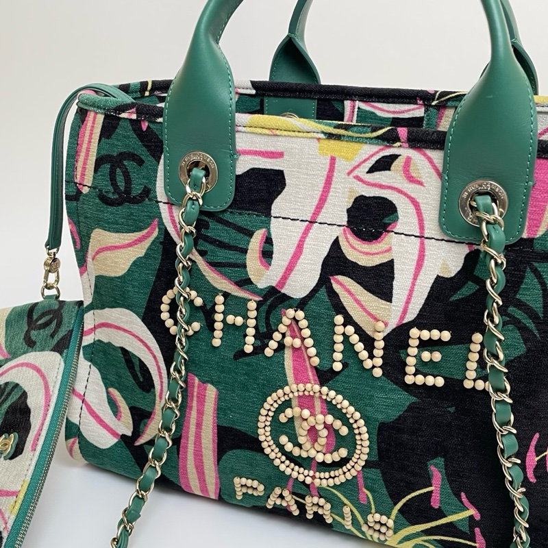 99新💚Chanel香奈兒23A手工坊芯片款沙灘包彩繪印花花卉絲絨logo串珠字母雙cc沙灘包子母包手提包斜挎包單肩包🧡正品保障-2