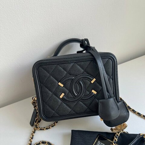 香奈兒/Chanel Vanity Case黑金荔枝皮小號相機包