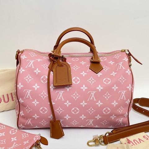 99新💖LOUIS VUITTON Speedy P9 Bandoulière 40 品牌徽標印花 小牛皮 單肩斜挎手提包 粉色 芯片款💝正品保障