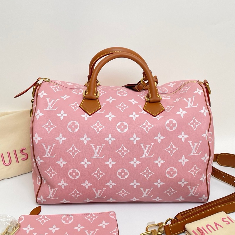 99新💖LOUIS VUITTON Speedy P9 Bandoulière 40 品牌徽標印花 小牛皮 單肩斜挎手提包 粉色 芯片款💝正品保障-2