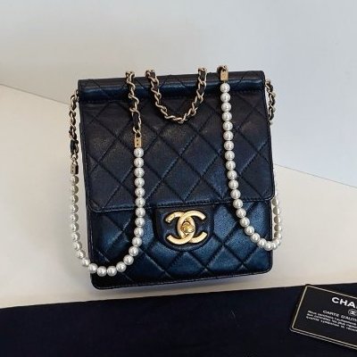 香奈兒/Chanel 黑金珍珠鏈條 豎版CF方胖子翻蓋斜背包-0