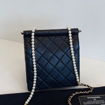 香奈兒/Chanel 黑金珍珠鏈條 豎版CF方胖子翻蓋斜背包-1