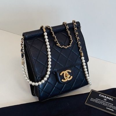 香奈兒/Chanel 黑金珍珠鏈條 豎版CF方胖子翻蓋斜背包-2