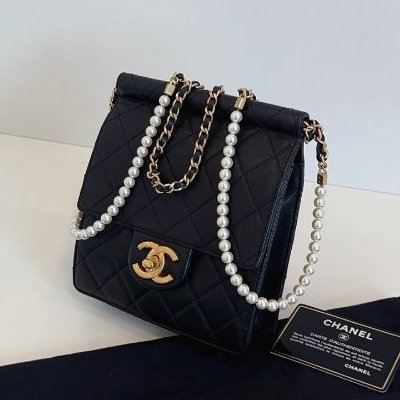 香奈兒/Chanel 黑金珍珠鏈條 豎版CF方胖子翻蓋斜背包-3