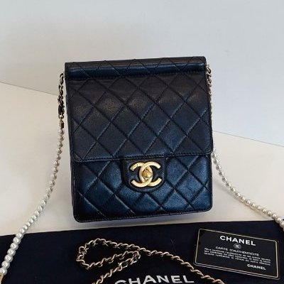 香奈兒/Chanel 黑金珍珠鏈條 豎版CF方胖子翻蓋斜背包-5