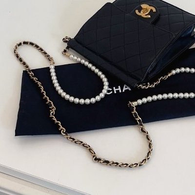 香奈兒/Chanel 黑金珍珠鏈條 豎版CF方胖子翻蓋斜背包-9