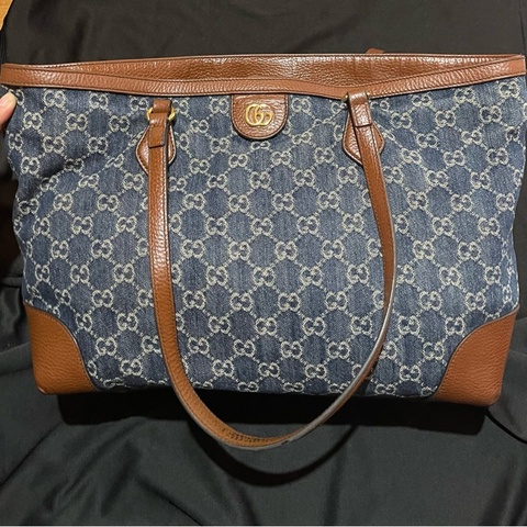 Gucci 金釦老花牛仔托特包
