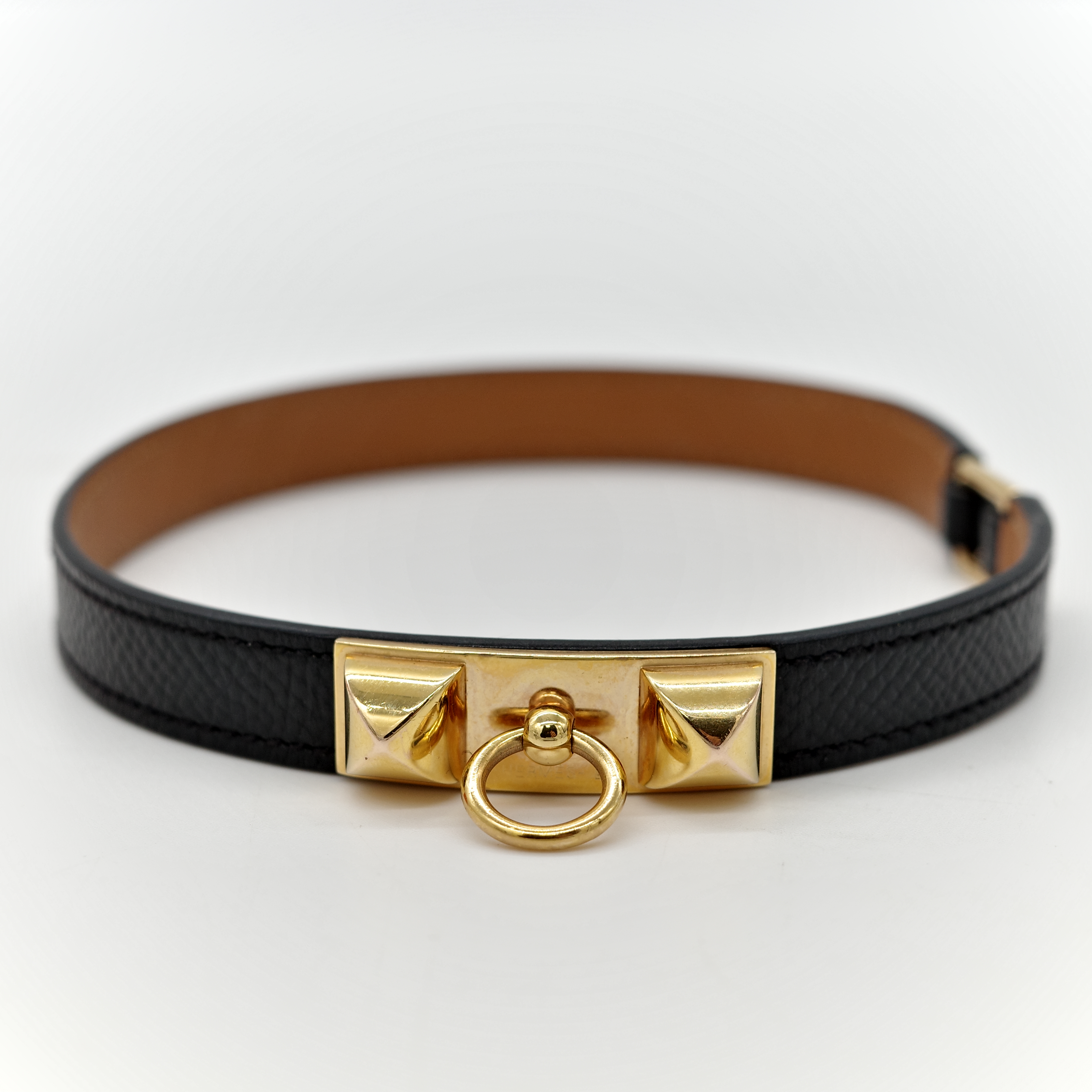 Hermès 愛馬仕 鉚釘 黑色 金釦 皮手環-4