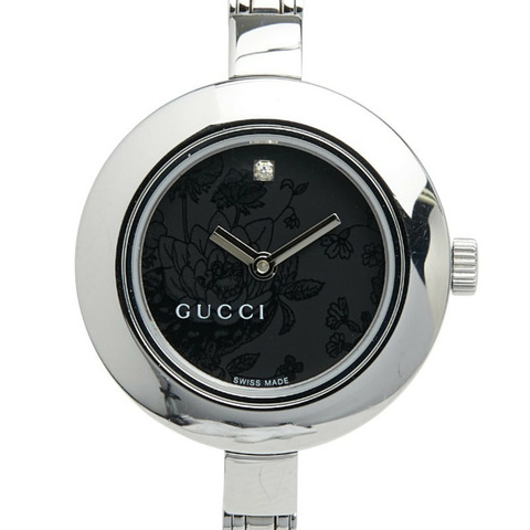 Gucci G-Circle 手鐲腕錶，石英機芯，黑色錶盤，不銹鋼錶殼，鑲鑽，女士 Gucci