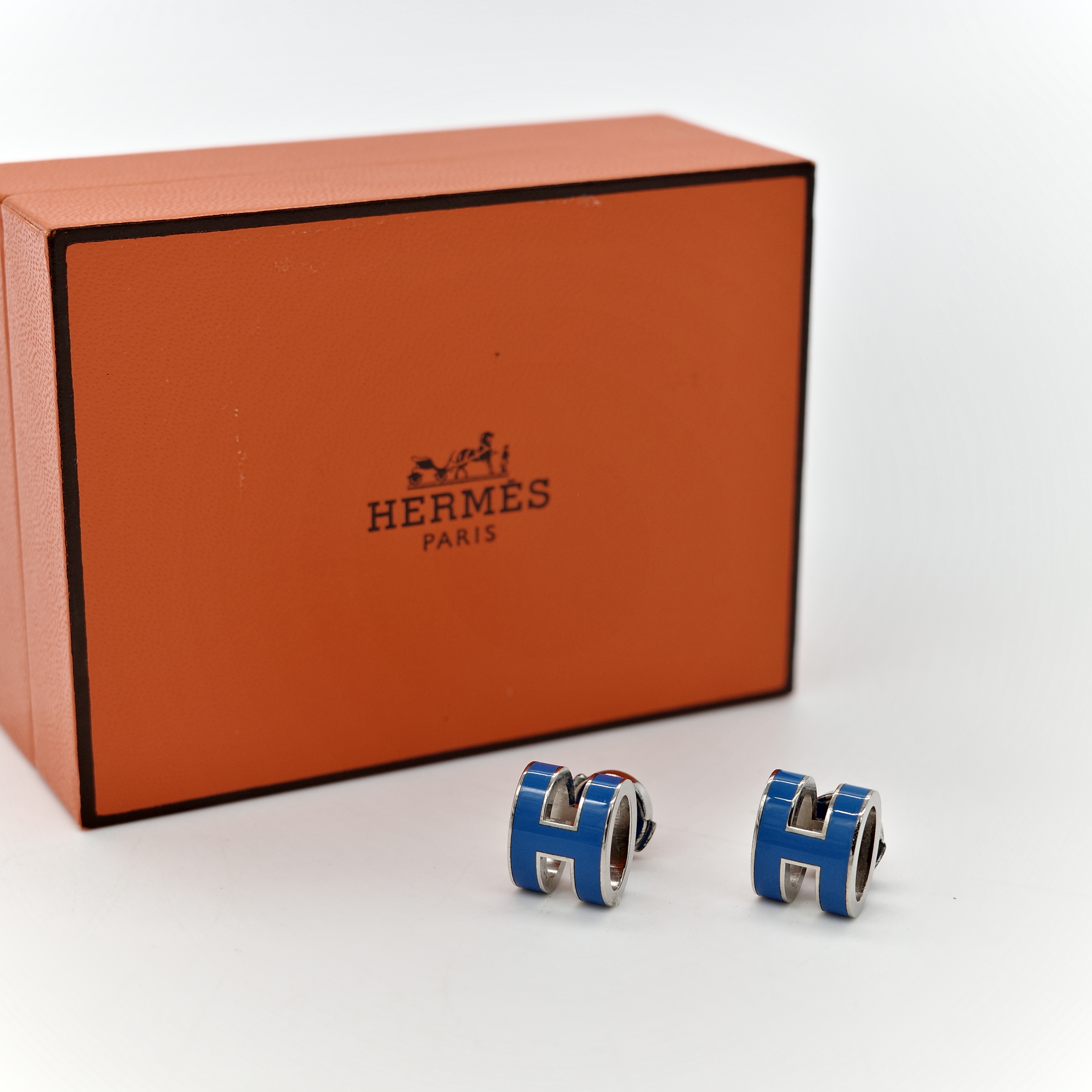 Hermès 愛馬仕 Pop H 藍色 琺瑯銀釦耳環-6