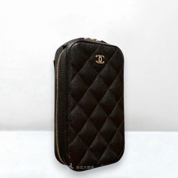 A13086-Chanel 黑色荔枝牛皮淡金直立手機鍊包 AP0246-2