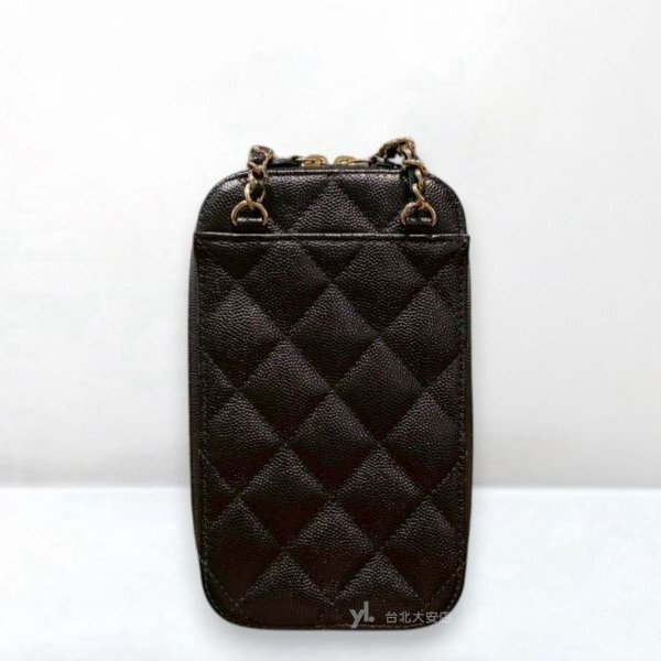 A13086-Chanel 黑色荔枝牛皮淡金直立手機鍊包 AP0246-3