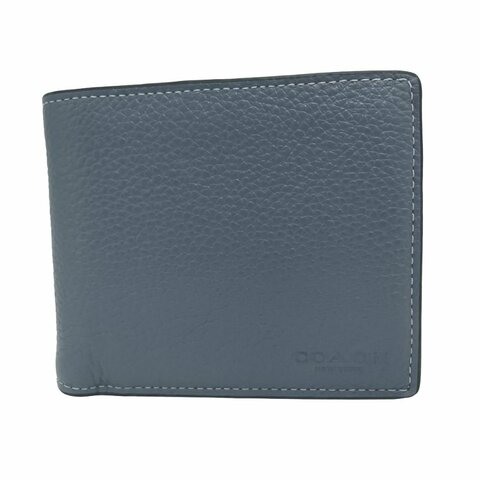 【全新】COACH 男款素面牛皮8卡附活動證件夾短夾(知性藍)