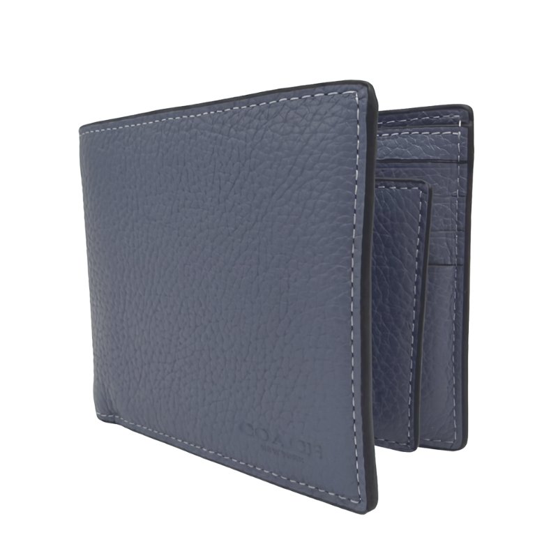 【全新】COACH 男款素面牛皮8卡附活動證件夾短夾(知性藍)-1