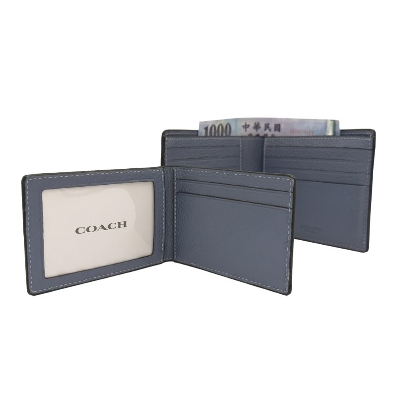 【全新】COACH 男款素面牛皮8卡附活動證件夾短夾(知性藍)-3
