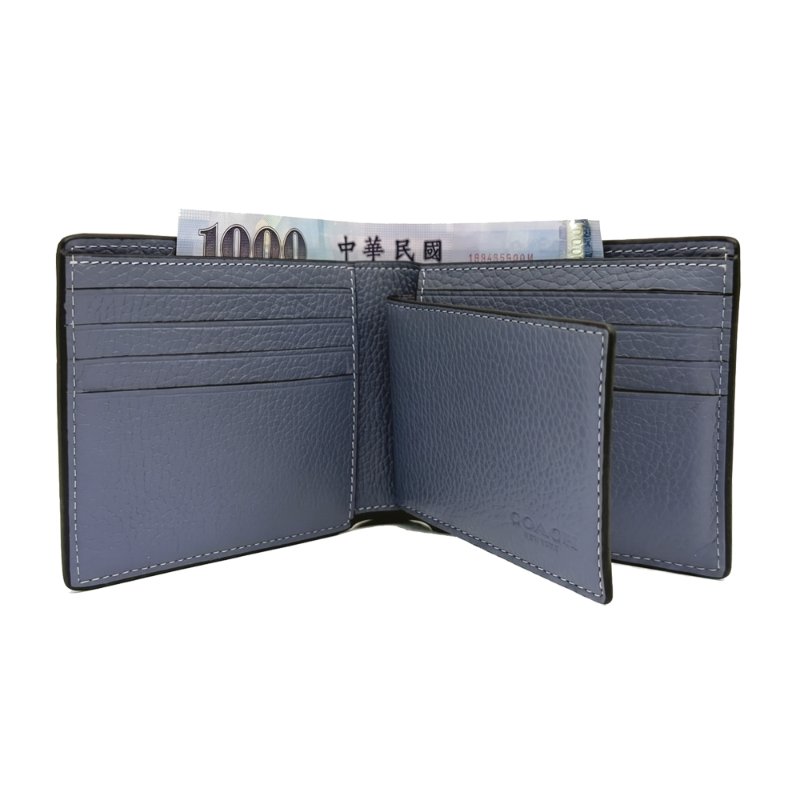 【全新】COACH 男款素面牛皮8卡附活動證件夾短夾(知性藍)-4