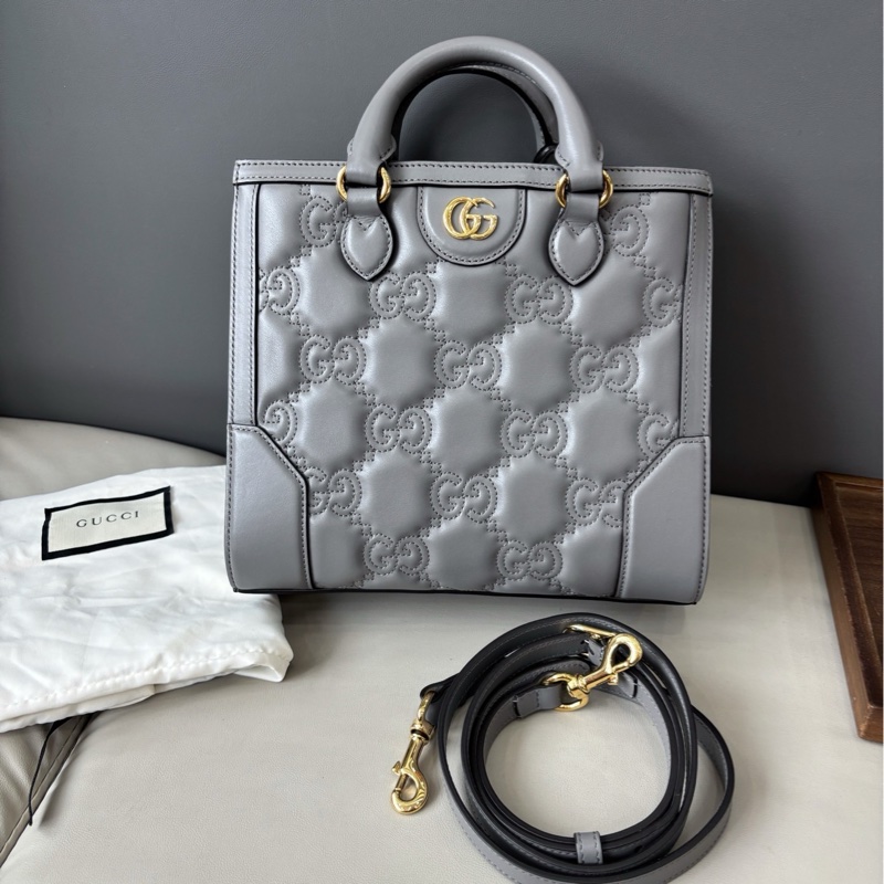 【近新閒置品】Gucci 灰色全皮壓紋Matelassé手提斜挎包-0
