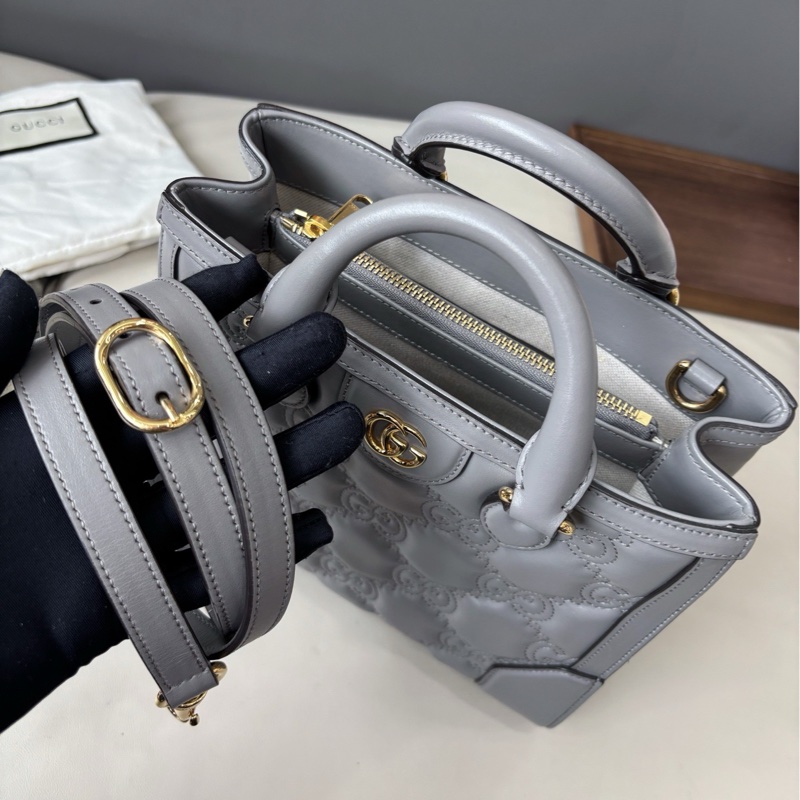 【近新閒置品】Gucci 灰色全皮壓紋Matelassé手提斜挎包-6